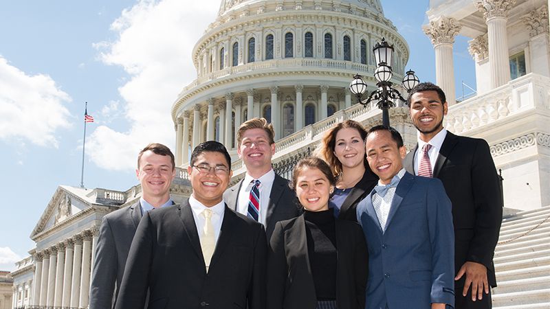Students visiting the U.S. Capitol in spring,