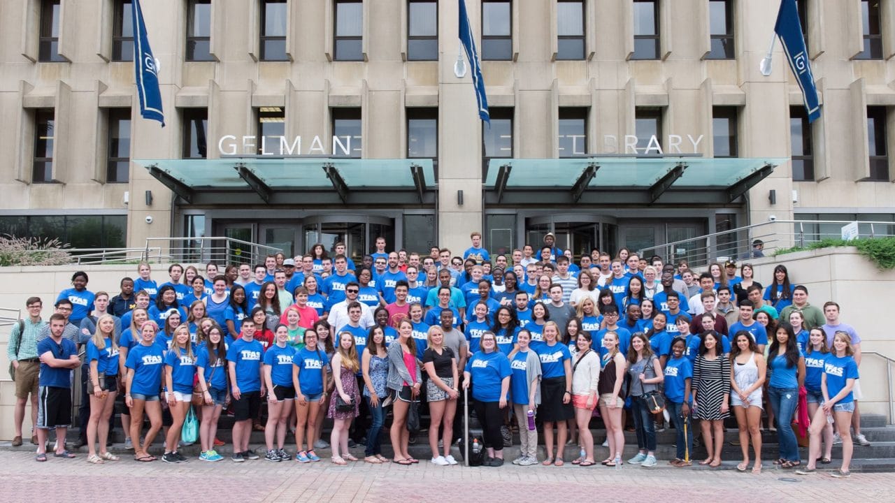 Students outside Gelman Library on the campus of George Washington University in Washington, D.C.