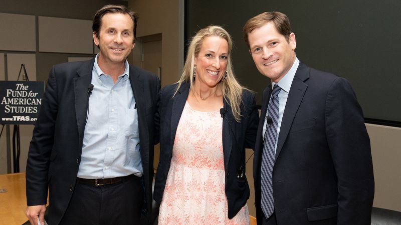 Debate participants Seth Hanlon and John Tamny with moderator Anne Bradley